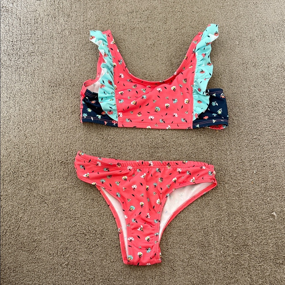 Floral Ruffle Kids Bikini Set - Coral and Teal